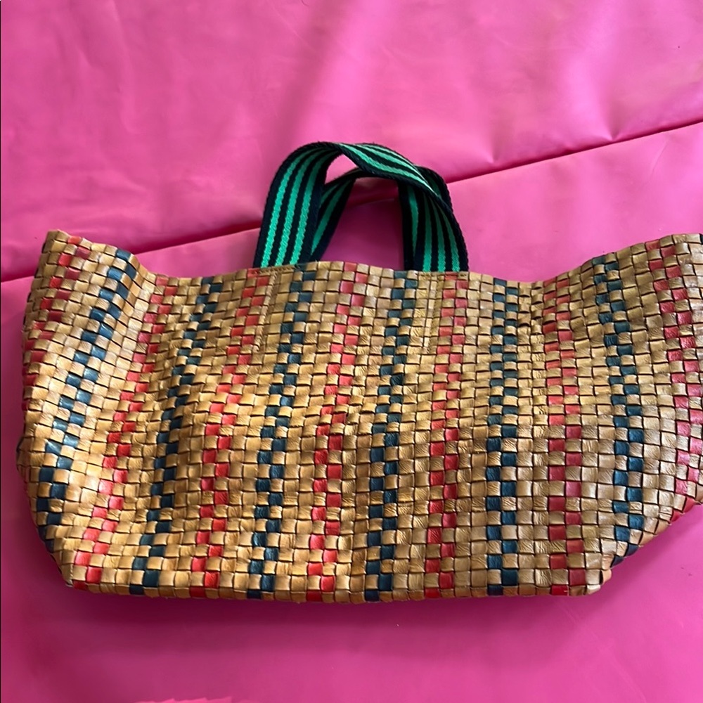 Clare V Bateau Tote Navy & Red Pinstripe Woven checker